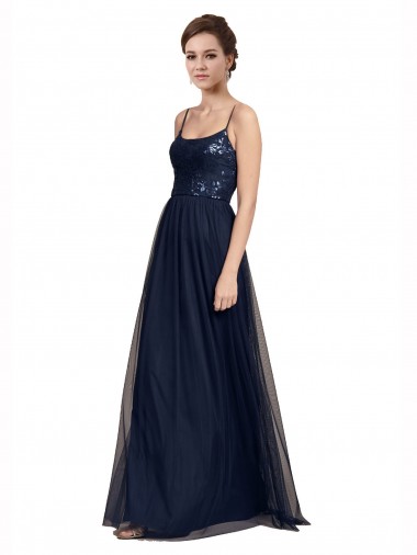 A-Line Spaghetti Straps Tulle & Lace Long Dark Navy Bridesmaid Dress Sydney