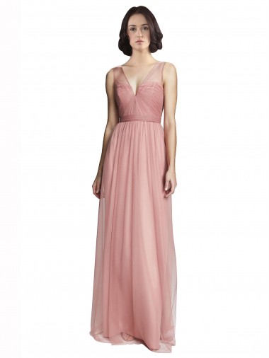 A-Line V-Neck Tulle Long Rose Pink Bridesmaid Dress Sydney