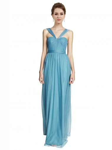 A-Line V-Neck Tulle Long Sky Blue Bridesmaid Dress Sydney