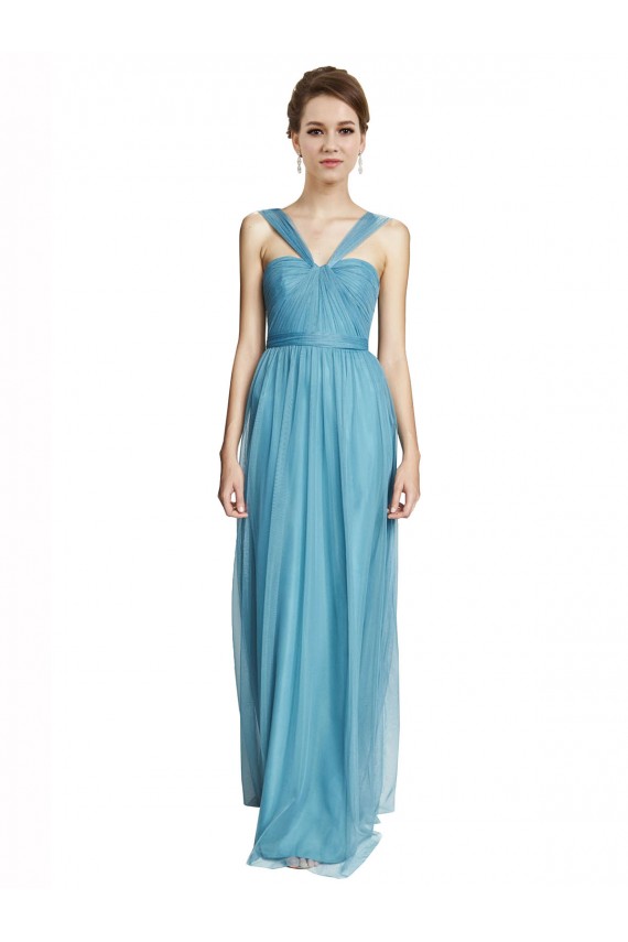 A-Line V-Neck Tulle Long Sky Blue Bridesmaid Dress Sydney