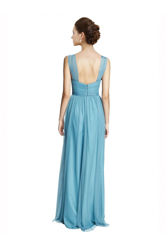 A-Line V-Neck Tulle Long Sky Blue Bridesmaid Dress Sydney