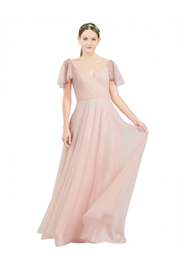 A-Line V-Neck Tulle Long Pink Formal Dress / Bridesmaid Dress Sydney