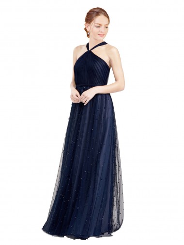A-Line Halter Neck Tulle Long Navy Blue Bridesmaid Dress / Evening Dress Sydney