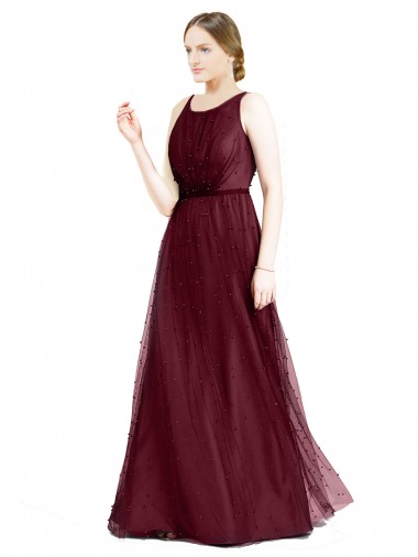 A-Line Boat Neck Tulle Long Burgundy Semi Formal Evening Dress / Bridesmaid Dress Sydney