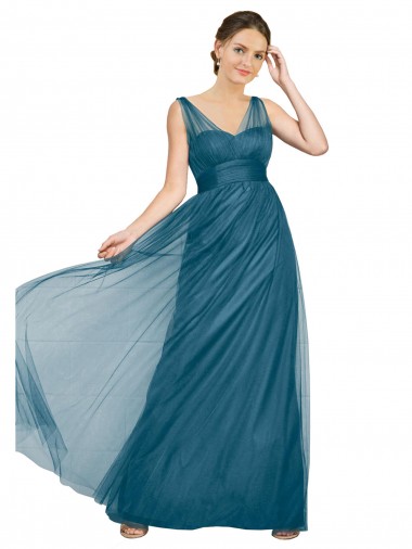 A-Line V-Neck Tulle Long Teal Green Bridesmaid Dress Sydney