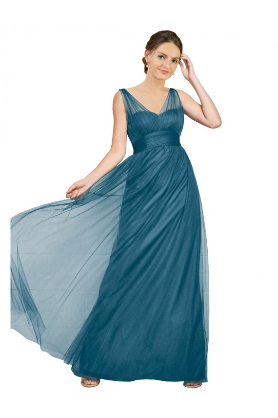 A-Line V-Neck Tulle Long Teal Green Bridesmaid Dress Sydney
