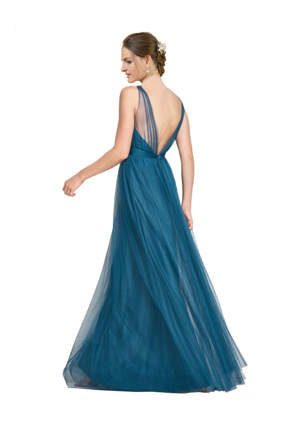 A-Line V-Neck Tulle Long Teal Green Bridesmaid Dress Sydney
