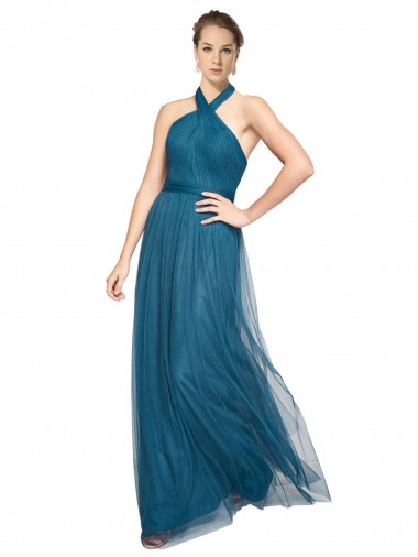 A-Line High Neck Tulle Long Teal Green Bridesmaid Dress Sydney