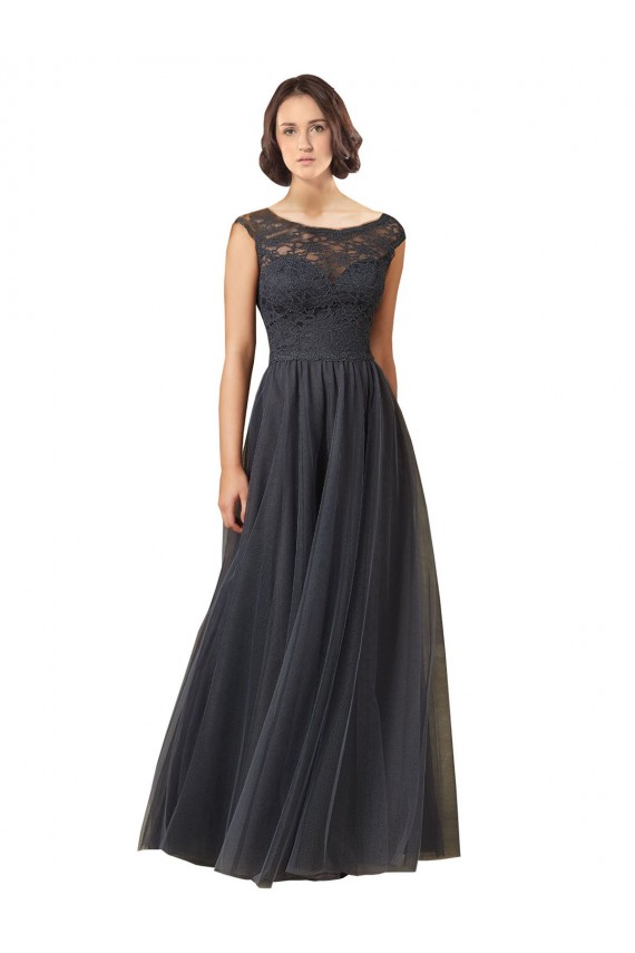 A-Line Bateau Neck Tulle & Lace Long Slate Grey Bridesmaid Dress Sydney