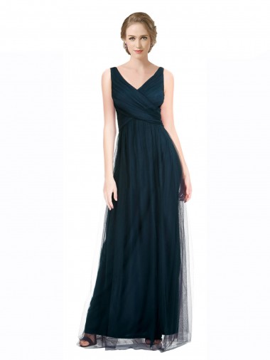 A-Line V-Neck Tulle Long Blue Bridesmaid Dress Sydney
