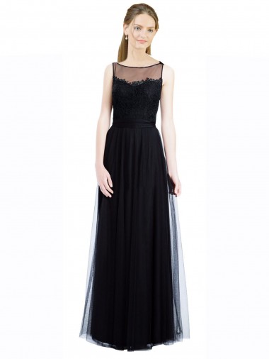 A-Line Illusion Neck Tulle & Lace Long Black Bridesmaid Dress Sydney