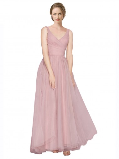 A-Line V-Neck Tulle Long Pink Bridesmaid Dress Sydney