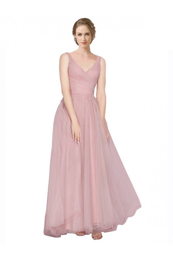 A-Line V-Neck Tulle Long Pink Bridesmaid Dress Sydney