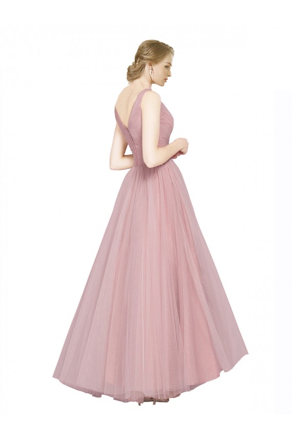 A-Line V-Neck Tulle Long Pink Bridesmaid Dress Sydney