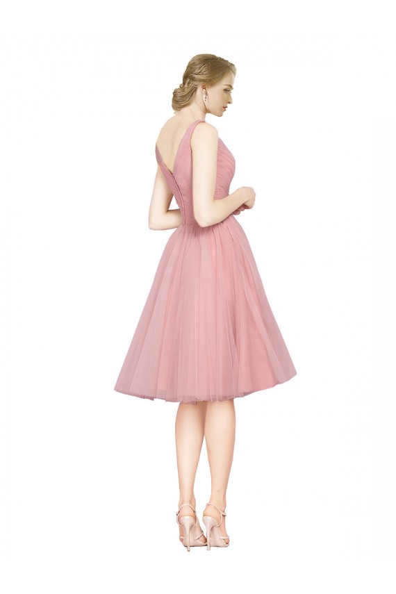 A-Line V-Neck Tulle Knee Length Pink Bridesmaid Dress Sydney