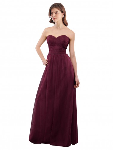 A-Line Strapless Tulle Long Burgundy Bridesmaid Dress Sydney