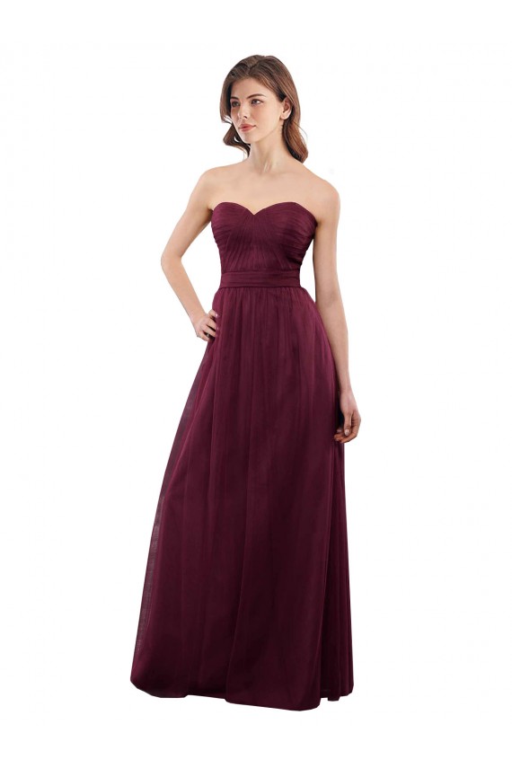 A-Line Strapless Tulle Long Burgundy Bridesmaid Dress Sydney
