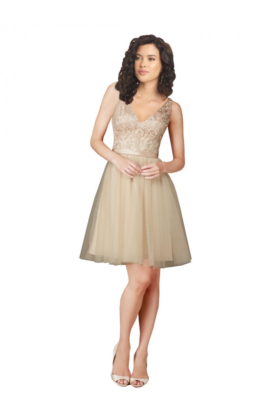 A-Line V-Neck Tulle & Lace Knee Length Champagne Bridesmaid Dress Sydney