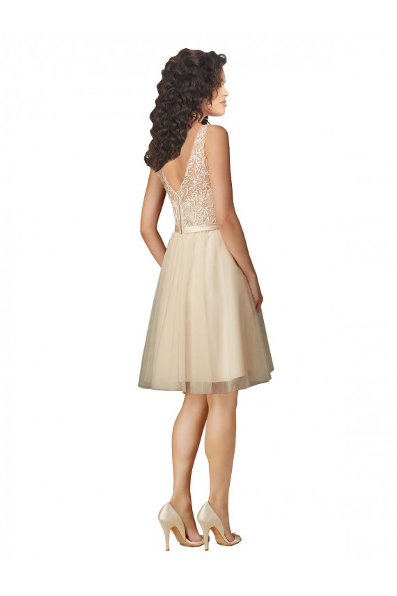 A-Line V-Neck Tulle & Lace Knee Length Champagne Bridesmaid Dress Sydney