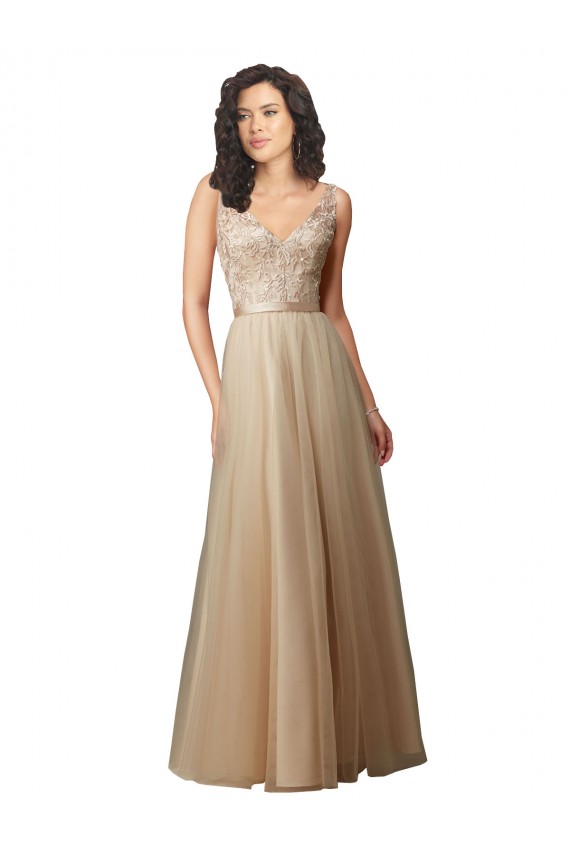 A-Line V-Neck Tulle & Lace Long Champagne Bridesmaid Dress Sydney