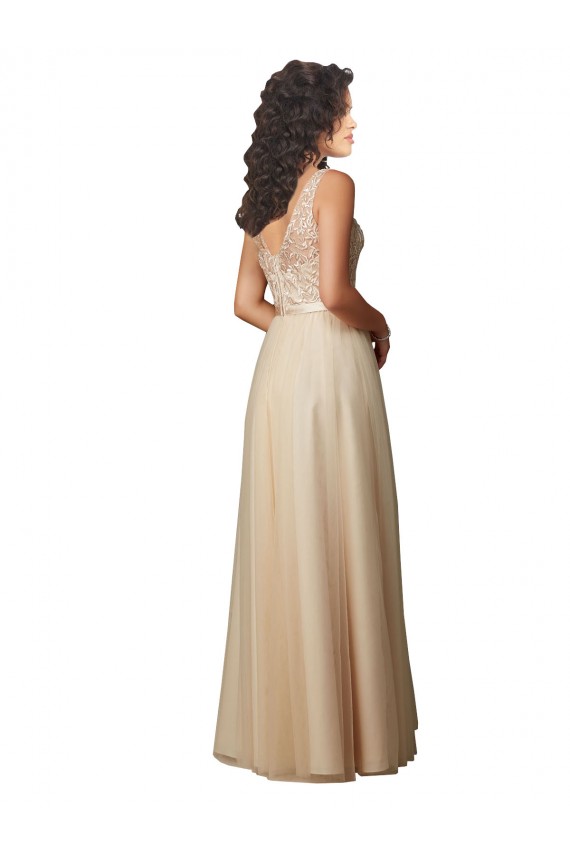 A-Line V-Neck Tulle & Lace Long Champagne Bridesmaid Dress Sydney