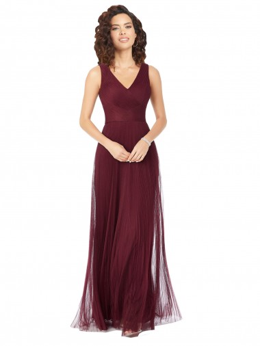 A-Line V-Neck Tulle Long Burgundy Gold Bridesmaid Dress Sydney