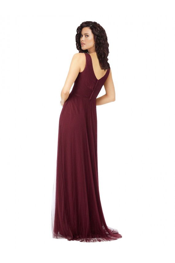A-Line V-Neck Tulle Long Burgundy Gold Bridesmaid Dress Sydney