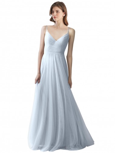 A-Line V-Neck Tulle Long Light Sky Blue Bridesmaid Dress Sydney