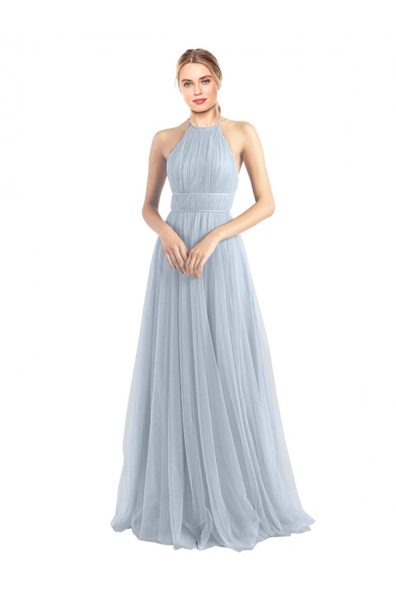 A-Line Halter Neck Tulle Long Light Sky Blue Bridesmaid Dress Sydney