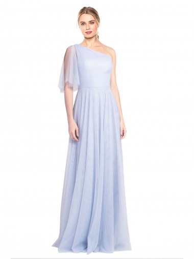 A-Line One Shoulder Tulle Long Light Sky Blue Bridesmaid Dress Sydney