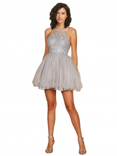A-Line Halter Neck Tulle Short Silver Bridesmaid Dress Sydney
