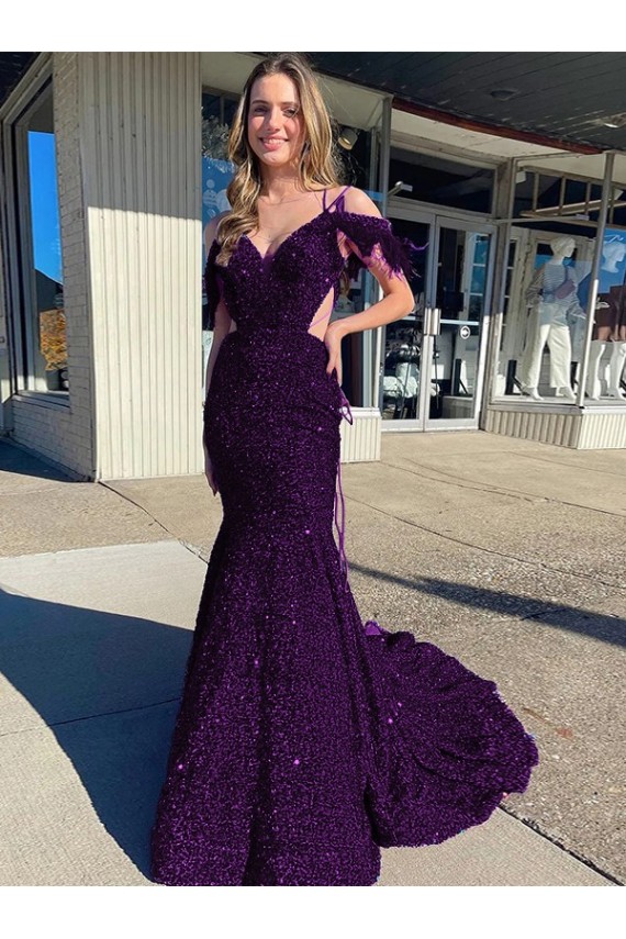 Sheath V-Neck Velvet Sequins Court Train Plum Purple Velvet Sequin Prom Dress / Evening Dress Sydney
