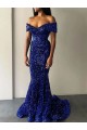 Mermaid Off the Shoulder Velvet Sequins Sweep Train Royal Blue Velvet Sequin Prom Dress / Evening Dress Sydney