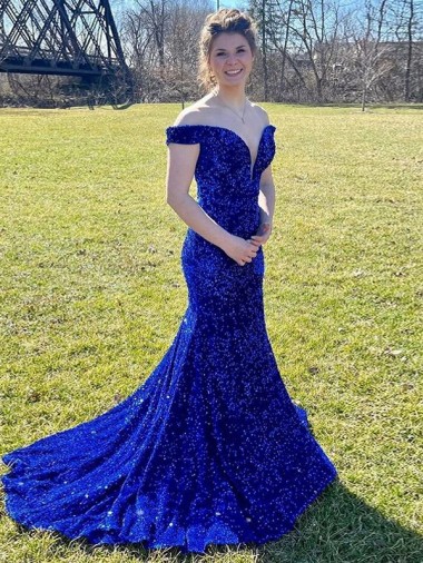 Sheath Off the Shoulder Velvet Sequins Sweep Train Royal Blue Velvet Sequin Prom Dress / Evening Dress Sydney