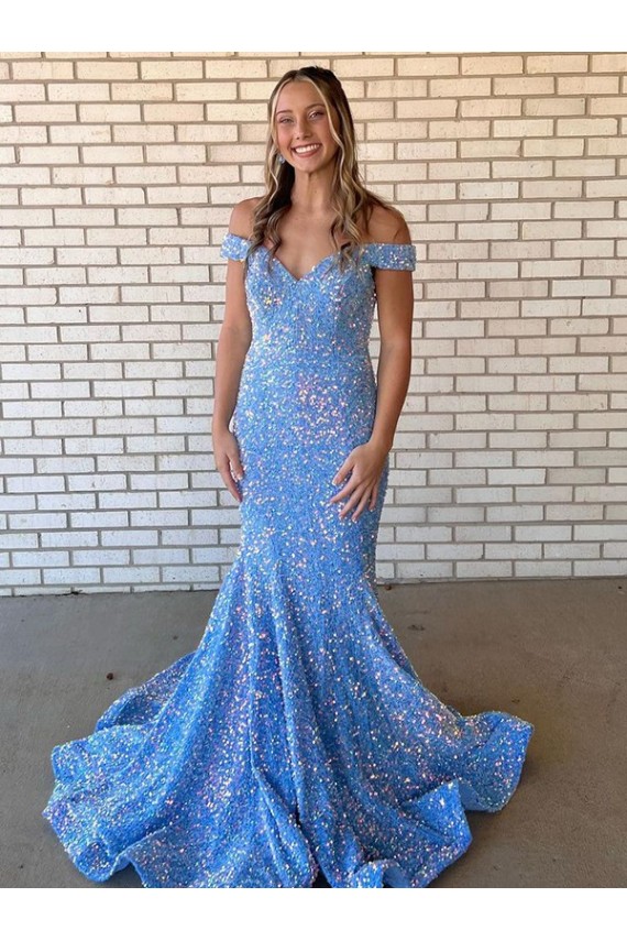Mermaid Off the Shoulder Velvet Sequins Long Periwinkle Velvet Sequin Prom Dress / Evening Dress Sydney