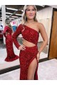 Mermaid One Shoulder Velvet Sequins Sweep Train Burgundy Velvet Sequin Evening Dress Sydney