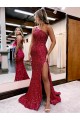 Mermaid One Shoulder Velvet Sequins Sweep Train Burgundy Velvet Sequin Prom Dress / Evening Dress Sydney