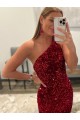 Sheath One Shoulder Velvet Sequins Sweep Train Pink Velvet Sequin Prom Dress / Evening Dress Sydney