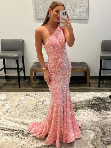 Sheath One Shoulder Velvet Sequins Sweep Train Pink Velvet Sequin Prom Dress / Evening Dress Sydney