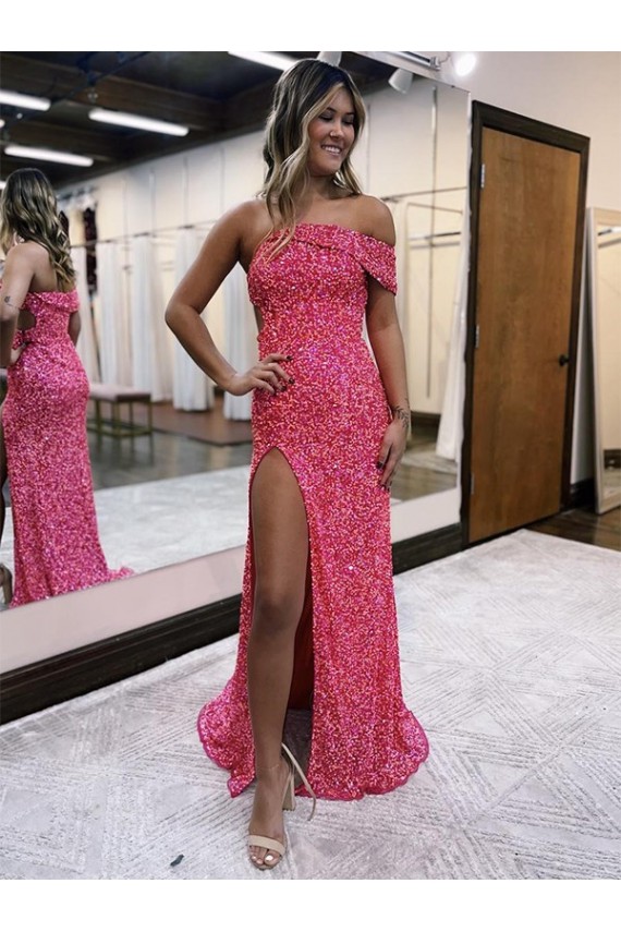 Sheath One Shoulder Velvet Sequins Sweep Train Fuchsia Velvet Sequin Prom Dress / Evening Dress Sydney