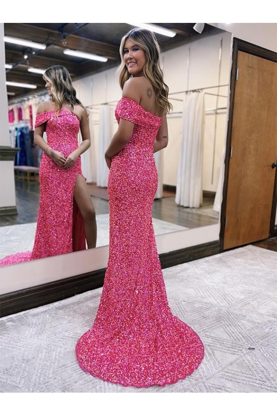 Sheath One Shoulder Velvet Sequins Sweep Train Fuchsia Velvet Sequin Prom Dress / Evening Dress Sydney