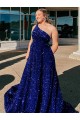 A-Line One Shoulder Velvet Sequins Sweep Train Royal Blue Velvet Sequin Prom Dress / Evening Dress Sydney
