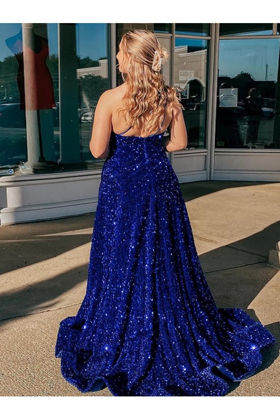 A-Line One Shoulder Velvet Sequins Sweep Train Royal Blue Velvet Sequin Prom Dress / Evening Dress Sydney