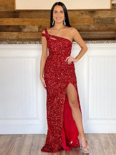 Sheath One Shoulder Velvet Sequins Sweep Train Burgundy Velvet Sequin Prom Dress / Evening Dress Sydney