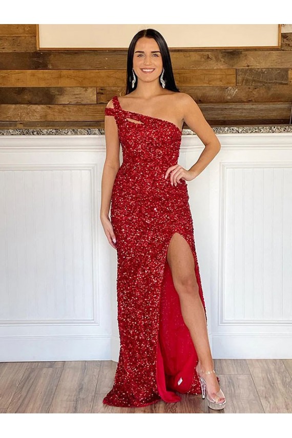 Sheath One Shoulder Velvet Sequins Sweep Train Burgundy Velvet Sequin Prom Dress / Evening Dress Sydney