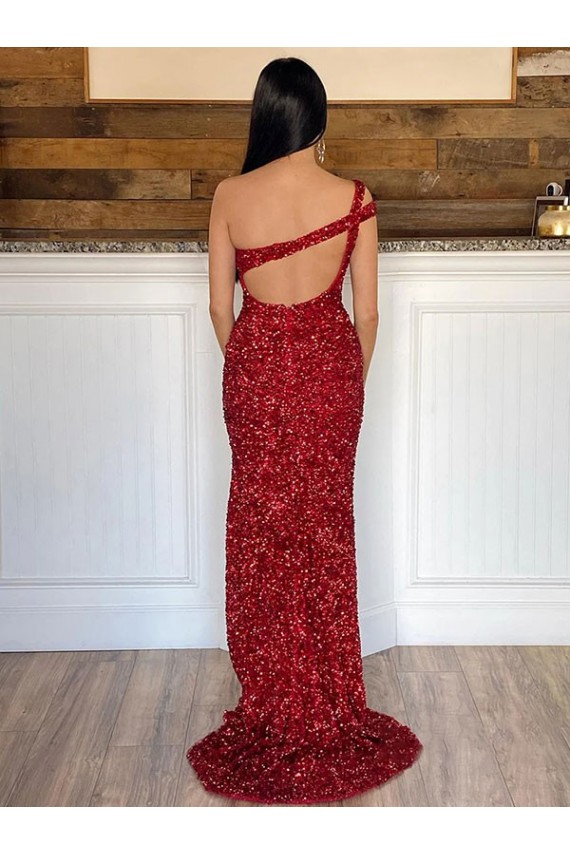 Sheath One Shoulder Velvet Sequins Sweep Train Burgundy Velvet Sequin Prom Dress / Evening Dress Sydney