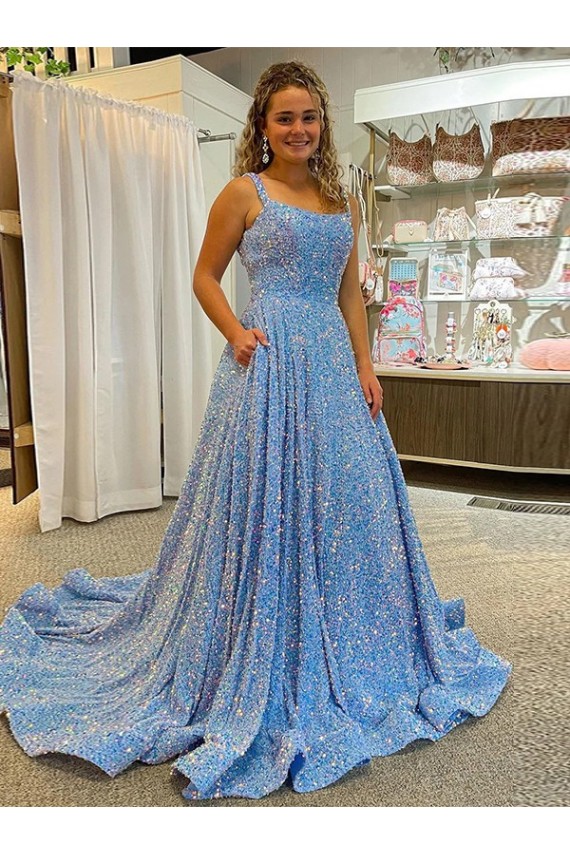 A-Line Scoop Neck Velvet Sequins Court Train Shown Color Velvet Sequin Prom Dress / Evening Dress Sydney