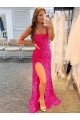Sheath Spaghetti Straps Velvet Sequins Sweep Train Fuchsia Velvet Sequin Prom Dress / Evening Dress Sydney