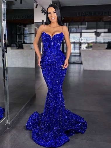 Mermaid Spaghetti Straps Velvet Sequins Sweep Train Royal Blue Velvet Sequin Prom Dress / Evening Dress Sydney