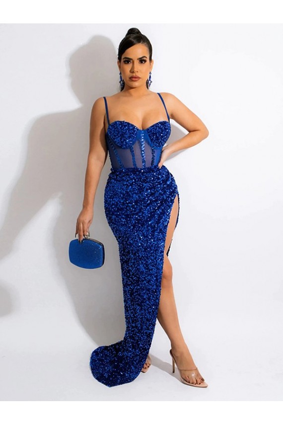 Sheath Spaghetti Straps Velvet Sequins Sweep Train Royal Blue Velvet Sequin Evening Dress Sydney